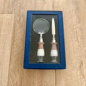 Vintage Office Depot Striped Marble Magnifying Glass And Letter Opener Set NIB